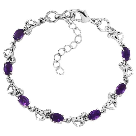 Genuine Amethyst Gemstone & Horse Charm Platinum Bond Bracelet (6.50-8.0In) NWT - Picture 1 of 6